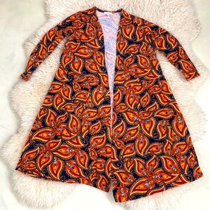 LuLuRoe Sarah Orange Navy Floral Geo open cardigan Duster sweater M